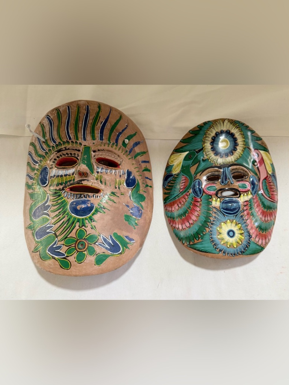 VTG Mexican Terra Cotta Hanging Masks Folk Art Painted Hand Made Lot of 2